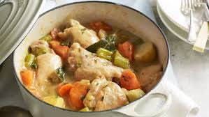 Summer Chicken Casserole with New Potatoes and two Vegetables.