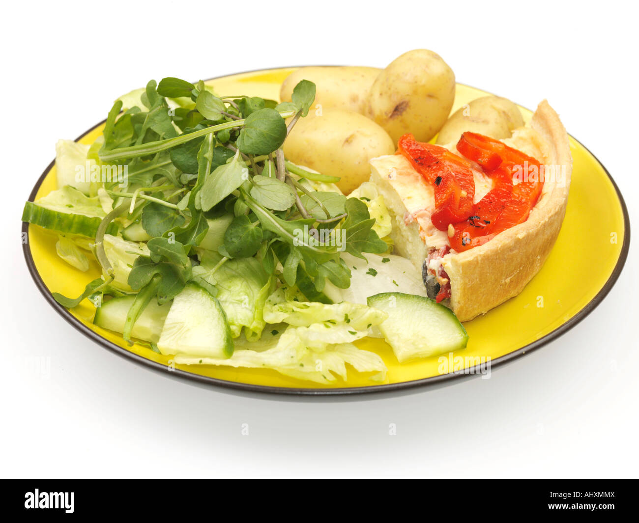Vegetarian Cheese and Onion Quiche with new potatoes and salad